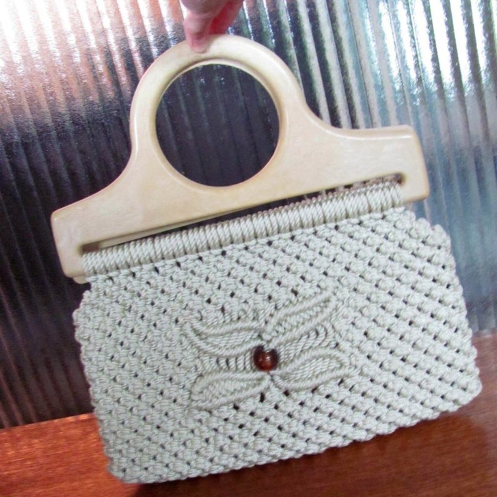 70's Boho Macrame Handbag with Lucite Handles